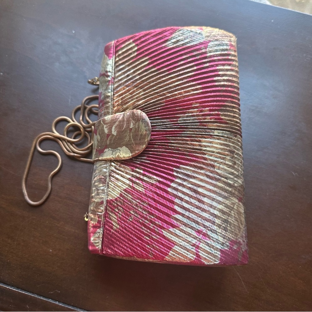 Vintage Magid Floral Pleated Clutch Bag - Red and Gold